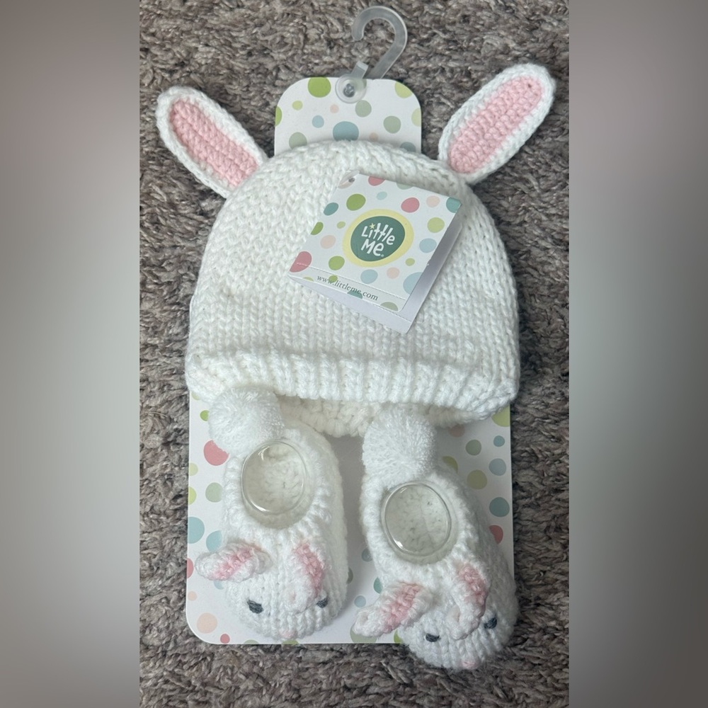 Little Me Cozy White Knit Bunny Hat and Booties